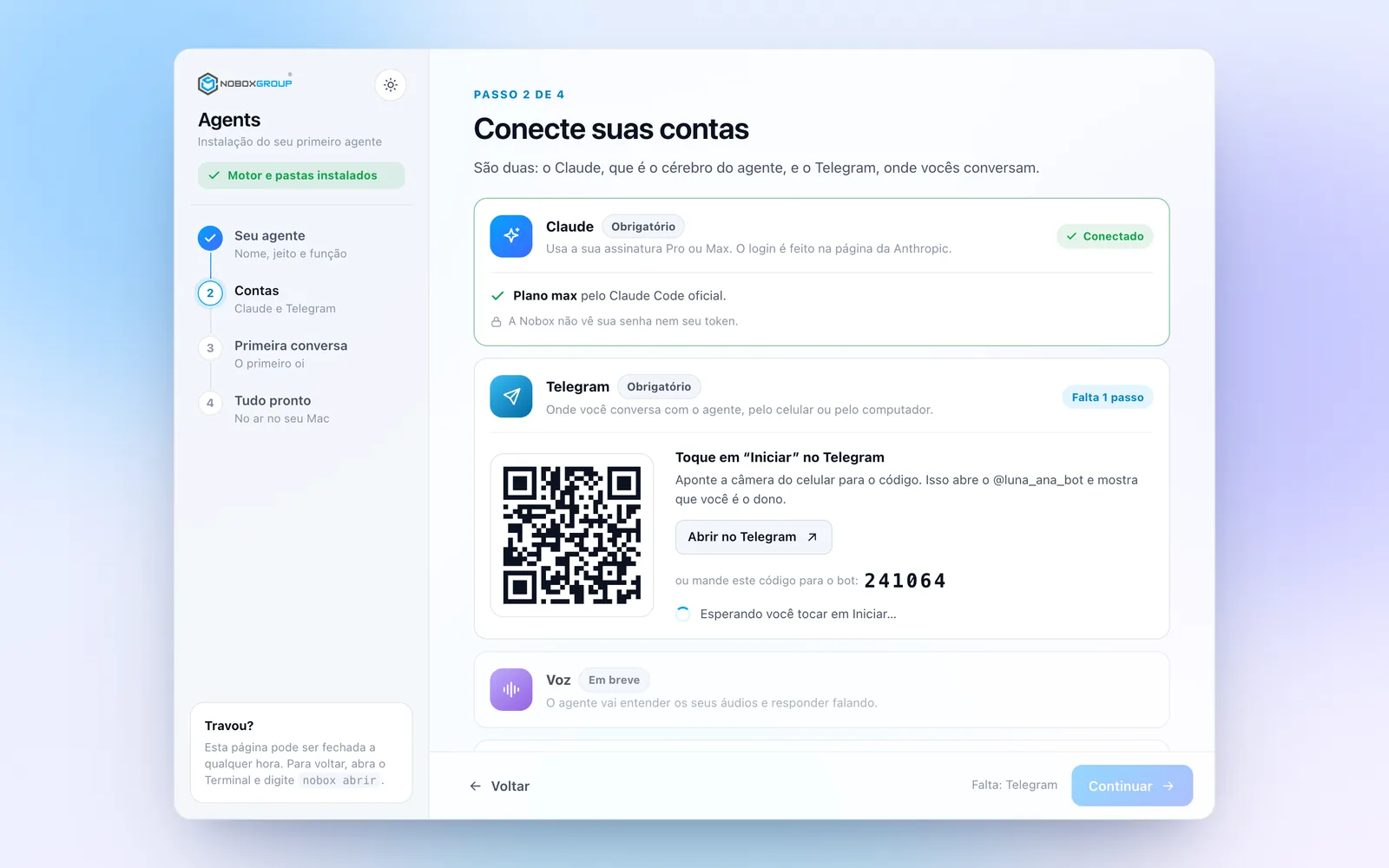 Tela do instalador: o Claude conectado e o código QR para ligar o bot do Telegram.